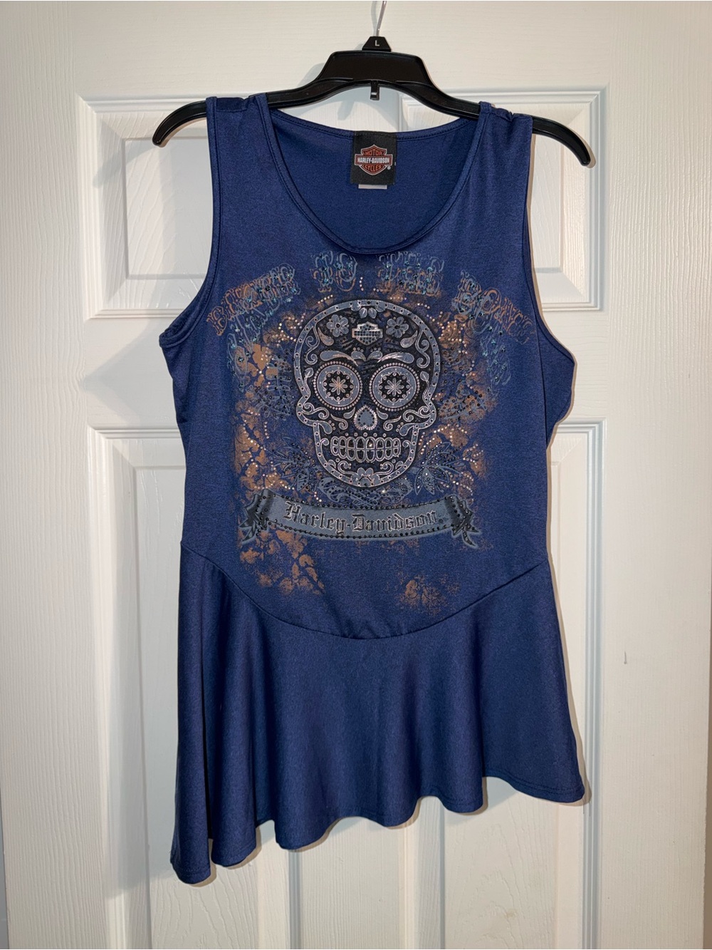 VTG Harley Davidson Rhinestone Sugar Skull Asymmetric Top S Y2K